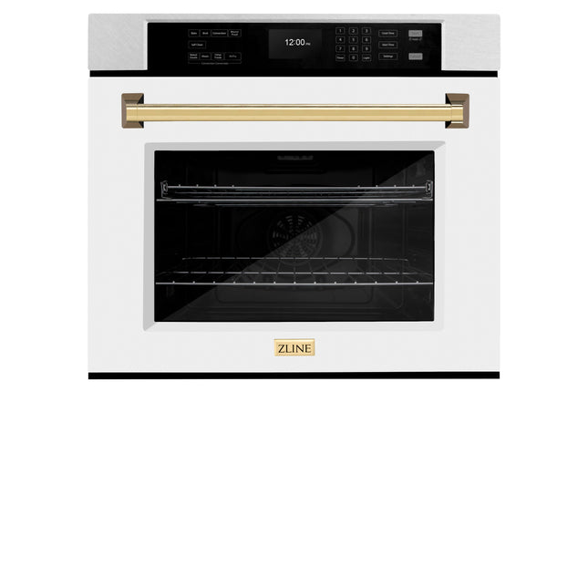 ZLINE 30 in. Autograph Edition Professional True Convection Single Wall Oven with Air Fry and Self Clean in Satin Stainless Steel with White Matte Door and Polished Gold Handle (WASSZ-WM-30-G)