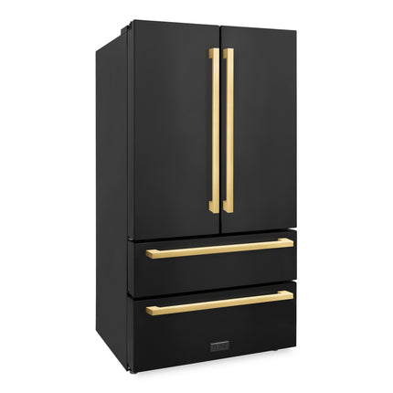 ZLINE Autograph Edition 36 in. 22.5 cu. ft. Counter-Depth French Door Refrigerator with Ice Maker in Fingerprint-Resistant Black Stainless Steel and Polished Gold Modern Handles (RFMZ-36-BS-FG)