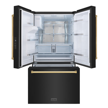 ZLINE Autograph Edition 36 in. 28.9 cu. ft. Standard-Depth French Door External Water Dispenser Refrigerator with Dual Ice Maker in Fingerprint-Resistant Black Stainless Steel and Polished Gold Traditional Handles (RSMZ-W-36-BS-G)