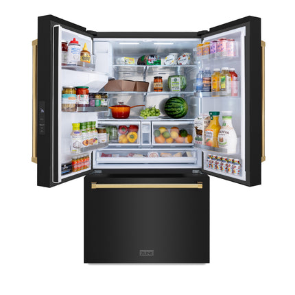 ZLINE Autograph Edition 36 in. 28.9 cu. ft. Standard-Depth French Door External Water Dispenser Refrigerator with Dual Ice Maker in Fingerprint-Resistant Black Stainless Steel and Polished Gold Traditional Handles (RSMZ-W-36-BS-G)