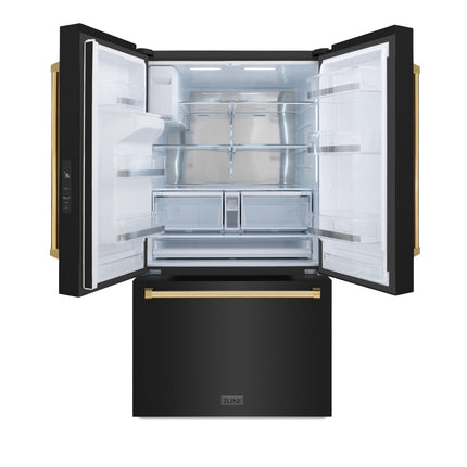 ZLINE Autograph Edition 36 in. 28.9 cu. ft. Standard-Depth French Door External Water Dispenser Refrigerator with Dual Ice Maker in Fingerprint-Resistant Black Stainless Steel and Polished Gold Traditional Handles (RSMZ-W-36-BS-G)