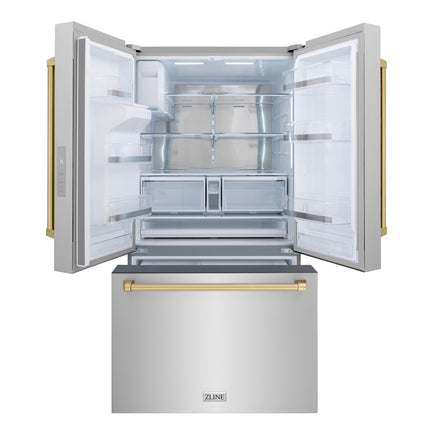 ZLINE Autograph Edition 36 in. 28.9 cu. ft. Standard-Depth French Door External Water Dispenser Refrigerator with Dual Ice Maker in Fingerprint-Resistant Stainless Steel and Champagne Bronze Traditional Handles (RSMZ-W-36-CB)