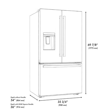 ZLINE Autograph Edition 36 in. 28.9 cu. ft. Standard-Depth French Door External Water Dispenser Refrigerator with Dual Ice Maker in Fingerprint-Resistant Stainless Steel and Matte Black Modern Handles (RSMZ-W-36-FMB)