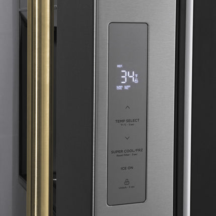 ZLINE Autograph Edition 36 in. 28.9 cu. ft. Standard-Depth French Door External Water Dispenser Refrigerator with Dual Ice Maker in Fingerprint-Resistant Stainless Steel and Polished Gold Traditional Handles (RSMZ-W-36-G)
