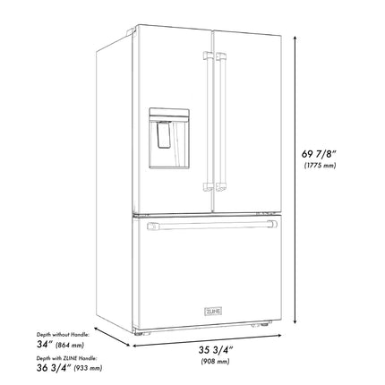 ZLINE Autograph Edition 36 in. 28.9 cu. ft. Standard-Depth French Door External Water Dispenser Refrigerator with Dual Ice Maker in Fingerprint-Resistant Stainless Steel and Polished Gold Traditional Handles (RSMZ-W-36-G)