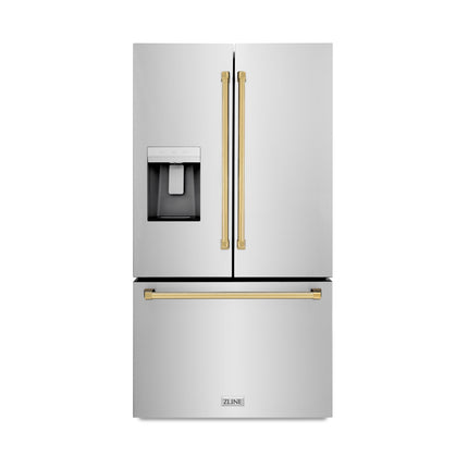 ZLINE Autograph Edition 36 in. 28.9 cu. ft. Standard-Depth French Door External Water Dispenser Refrigerator with Dual Ice Maker in Fingerprint-Resistant Stainless Steel and Polished Gold Traditional Handles (RSMZ-W-36-G)