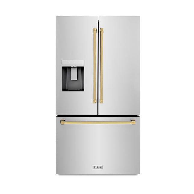 ZLINE Autograph Edition 36 in. 28.9 cu. ft. Standard-Depth French Door External Water Dispenser Refrigerator with Dual Ice Maker in Fingerprint-Resistant Stainless Steel and Polished Gold Traditional Handles (RSMZ-W-36-G)
