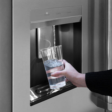 ZLINE Autograph Edition 36 in. 28.9 cu. ft. Standard-Depth French Door External Water Dispenser Refrigerator with Dual Ice Maker in Fingerprint-Resistant Stainless Steel and Champagne Bronze Helix Handles (RSMZ-W-36-KCB)
