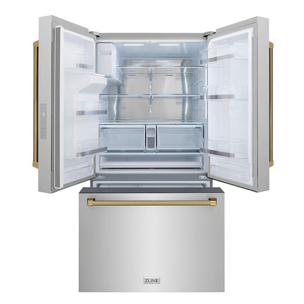 ZLINE Autograph Edition 36 in. 28.9 cu. ft. Standard-Depth French Door External Water Dispenser Refrigerator with Dual Ice Maker in Fingerprint-Resistant Stainless Steel and Polished Gold Helix Handles (RSMZ-W-36-KG)