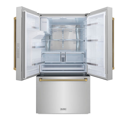 ZLINE Autograph Edition 36 in. 28.9 cu. ft. Standard-Depth French Door External Water Dispenser Refrigerator with Dual Ice Maker in Fingerprint-Resistant Stainless Steel and Polished Gold Helix Handles (RSMZ-W-36-KG)