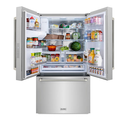 ZLINE Autograph Edition 36 in. 28.9 cu. ft. Standard-Depth French Door External Water Dispenser Refrigerator with Dual Ice Maker in Fingerprint-Resistant Stainless Steel and Polished Nickel Helix Handles (RSMZ-W-36-KPN)