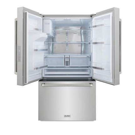 ZLINE Autograph Edition 36 in. 28.9 cu. ft. Standard-Depth French Door External Water Dispenser Refrigerator with Dual Ice Maker in Fingerprint-Resistant Stainless Steel and Polished Nickel Helix Handles (RSMZ-W-36-KPN)