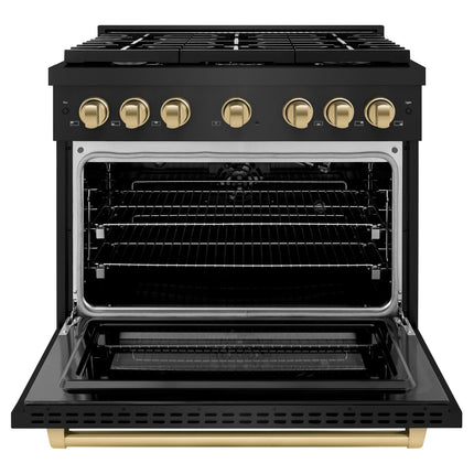 ZLINE Autograph Edition 36 in. 5.2 cu. ft. Paramount Gas Range with 6 Burner Cooktop and Convection Gas Oven in Black Stainless Steel and Champagne Bronze Accents (SGRBZ-36-CB)