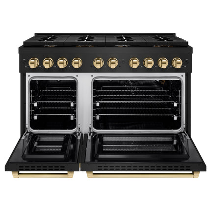 ZLINE Autograph Edition 48 in. 6.7 cu. ft. Paramount Double Oven Gas Range with 8 Burner Cooktop in Black Stainless Steel and Polished Gold Accents (SGRBZ-48-G)