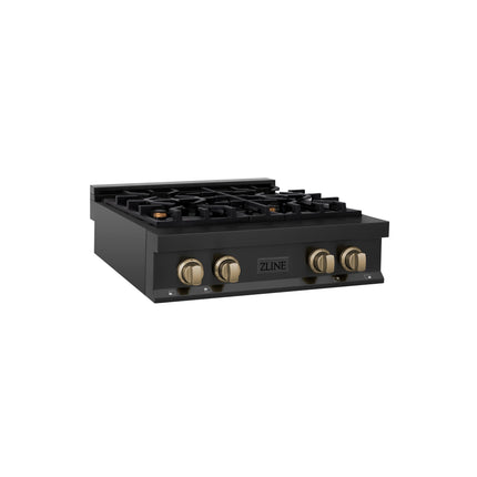 ZLINE Autograph Edition 30 in. Legacy Gas Rangetop with 4 Burners and Porcelain Cooktop in Black Stainless Steel with Champagne Bronze Accents (RTBZ-30-CB)