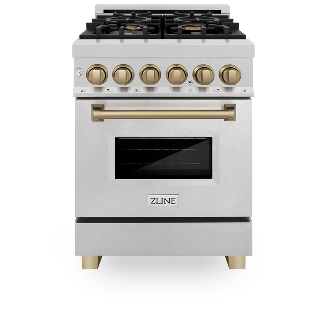 ZLINE Autograph Edition 24 in. 2.8 cu. ft. Legacy Dual Fuel Range with 4 Burner Gas Cooktop and Electric Convection Oven in Satin Stainless Steel and Champagne Bronze Accents (RASZ-SN-24-CB)