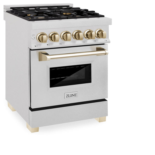 ZLINE Autograph Edition 24 in. 2.8 cu. ft. Legacy Dual Fuel Range with 4 Burner Gas Cooktop and Electric Convection Oven in Satin Stainless Steel and Polished Gold Accents (RASZ-SN-24-G)