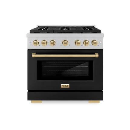 ZLINE Autograph Edition 36 in. 5.2 cu. ft. Paramount Dual Fuel Range with 6 Burner Gas Cooktop and Electric Convection Oven in Satin Stainless Steel with Black Matte Door and Champagne Bronze Accents (SDRSZ-BLM-36-CB)
