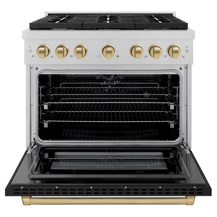 ZLINE Autograph Edition 36 in. 5.2 cu. ft. Paramount Dual Fuel Range with 6 Burner Gas Cooktop and Electric Convection Oven in Satin Stainless Steel with Black Matte Door and Champagne Bronze Accents (SDRSZ-BLM-36-CB)