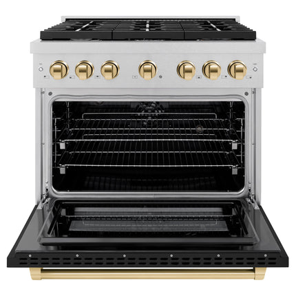ZLINE Autograph Edition 36 in. 5.2 cu. ft. Paramount Dual Fuel Range with 6 Burner Gas Cooktop and Electric Convection Oven in Satin Stainless Steel with Black Matte Door and Polished Gold Accents (SDRSZ-BLM-36-G)
