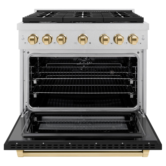 ZLINE Autograph Edition 36 in. 5.2 cu. ft. Paramount Dual Fuel Range with 6 Burner Gas Cooktop and Electric Convection Oven in Satin Stainless Steel with Black Matte Door and Polished Gold Accents (SDRSZ-BLM-36-G)