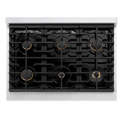 ZLINE Autograph Edition 36 in. 5.2 cu. ft. Paramount Dual Fuel Range with 6 Burner Gas Cooktop and Electric Convection Oven in Satin Stainless Steel with Black Matte Door and Polished Gold Accents (SDRSZ-BLM-36-G)
