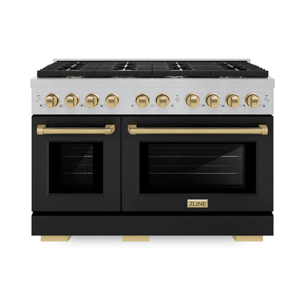 ZLINE Autograph Edition 48 in. 6.7 cu. ft. Paramount Double Oven Dual Fuel Range with 8 Burner Gas Cooktop in Satin Stainless Steel with Black Matte Doors and Champagne Bronze Accents (SDRSZ-BLM-48-CB)