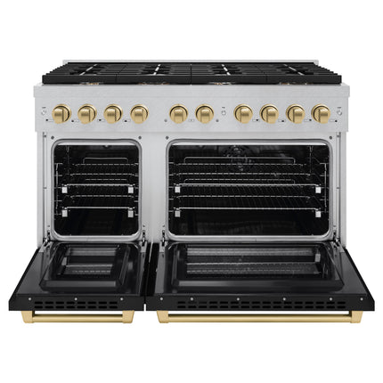 ZLINE Autograph Edition 48 in. 6.7 cu. ft. Paramount Double Oven Dual Fuel Range with 8 Burner Gas Cooktop in Satin Stainless Steel with Black Matte Doors and Champagne Bronze Accents (SDRSZ-BLM-48-CB)