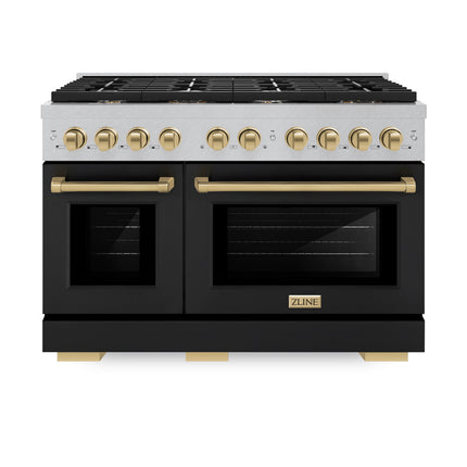 ZLINE Autograph Edition 48 in. 6.7 cu. ft. Paramount Double Oven Dual Fuel Range with 8 Burner Gas Cooktop in Satin Stainless Steel with Black Matte Doors and Champagne Bronze Accents (SDRSZ-BLM-48-CB)