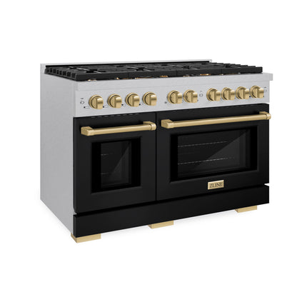 ZLINE Autograph Edition 48 in. 6.7 cu. ft. Paramount Double Oven Dual Fuel Range with 8 Burner Gas Cooktop in Satin Stainless Steel with Black Matte Doors and Champagne Bronze Accents (SDRSZ-BLM-48-CB)