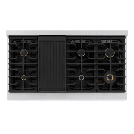 ZLINE Autograph Edition 48 in. 6.7 cu. ft. Paramount Double Oven Dual Fuel Range with 8 Burner Gas Cooktop in Satin Stainless Steel with Black Matte Doors and Champagne Bronze Accents (SDRSZ-BLM-48-CB)
