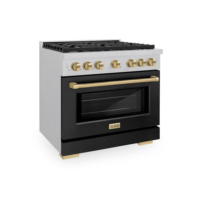 ZLINE Autograph Edition 36 in. 5.2 cu. ft. Paramount Gas Range with 6 Burner Cooktop and Convection Gas Oven in Satin Stainless Steel with Black Matte Door and Champagne Bronze Accents (SGRSZ-BLM-36-CB)
