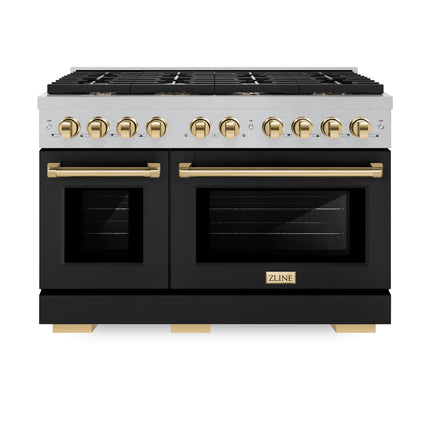 ZLINE Autograph Edition 48 in. 6.7 cu. ft. Paramount Double Oven Gas Range with 8 Burner Cooktop in Satin Stainless Steel with Black Matte Doors and Polished Gold Accents (SGRSZ-BLM-48-G)