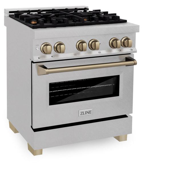 ZLINE Autograph Edition 30 in. 4.0 cu. ft. Legacy Dual Fuel Range with 4 Burner Gas Cooktop and Electric Convection Oven in Satin Stainless Steel and Champagne Bronze Accents (RASZ-SN-30-CB)