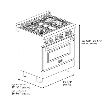 ZLINE Autograph Edition 30 in. 4.0 cu. ft. Legacy Dual Fuel Range with 4 Burner Gas Cooktop and Electric Convection Oven in Satin Stainless Steel and Polished Gold Accents (RASZ-SN-30-G)