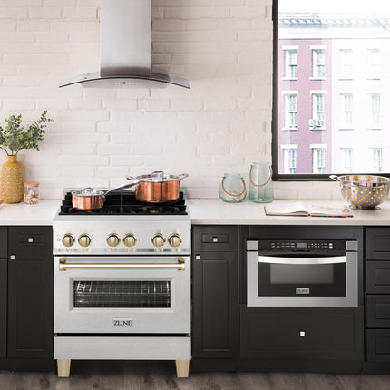 ZLINE Autograph Edition 30 in. 4.0 cu. ft. Legacy Dual Fuel Range with 4 Burner Gas Cooktop and Electric Convection Oven in Satin Stainless Steel and Polished Gold Accents (RASZ-SN-30-G)