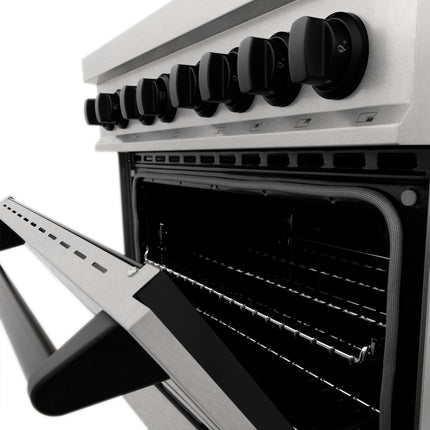 ZLINE Autograph Edition 30 in. 4.0 cu. ft. Legacy Dual Fuel Range with 4 Burner Gas Cooktop and Electric Convection Oven in Satin Stainless Steel and Matte Black Accents (RASZ-SN-30-MB)