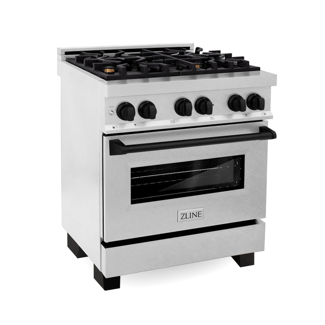 ZLINE Autograph Edition 30 in. 4.0 cu. ft. Legacy Dual Fuel Range with 4 Burner Gas Cooktop and Electric Convection Oven in Satin Stainless Steel and Matte Black Accents (RASZ-SN-30-MB)