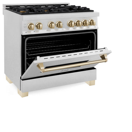 ZLINE Autograph Edition 36 in. 4.6 cu. ft. Legacy Dual Fuel Range with 6 Burner Gas Cooktop and Electric Convection Oven in Satin Stainless Steel and Polished Gold Accents (RASZ-SN-36-G)