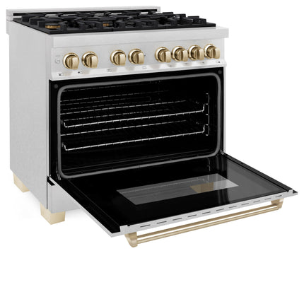 ZLINE Autograph Edition 36 in. 4.6 cu. ft. Legacy Dual Fuel Range with 6 Burner Gas Cooktop and Electric Convection Oven in Satin Stainless Steel and Polished Gold Accents (RASZ-SN-36-G)