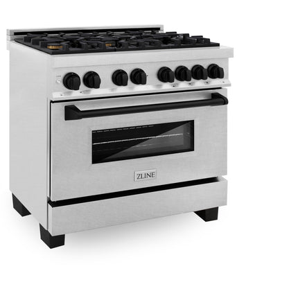 ZLINE Autograph Edition 36 in. 4.6 cu. ft. Legacy Dual Fuel Range with 6 Burner Gas Cooktop and Electric Convection Oven in Satin Stainless Steel and Matte Black Accents (RASZ-SN-36-MB)