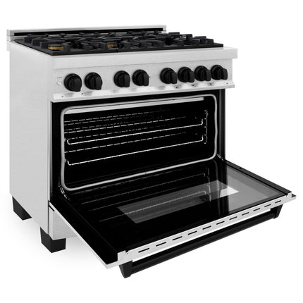 ZLINE Autograph Edition 36 in. 4.6 cu. ft. Legacy Dual Fuel Range with 6 Burner Gas Cooktop and Electric Convection Oven in Satin Stainless Steel and Matte Black Accents (RASZ-SN-36-MB)