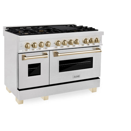 ZLINE Autograph Edition 48 in. 6.0 cu. ft. Legacy Dual Fuel Range with 7 Burner Gas Cooktop and 2 Electric Ovens in Satin Stainless Steel and Polished Gold Accents (RASZ-SN-48-G)