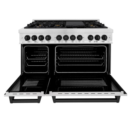 ZLINE Autograph Edition 48 in. 6.0 cu. ft. Legacy Dual Fuel Range with 7 Burner Gas Cooktop and 2 Electric Ovens in Satin Stainless Steel and Matte Black Accents (RASZ-SN-48-MB)