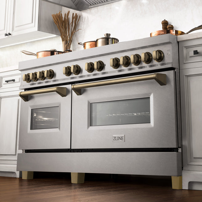 ZLINE Autograph Edition 60 in. 7.4 cu. ft. Legacy Dual Fuel Range with 9 Burner Gas Cooktop and 2 Electric Convection Ovens in Satin Stainless Steel and Champagne Bronze Accents (RASZ-SN-60-CB)