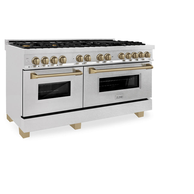 ZLINE Autograph Edition 60 in. 7.4 cu. ft. Legacy Dual Fuel Range with 9 Burner Gas Cooktop and 2 Electric Convection Ovens in Satin Stainless Steel and Champagne Bronze Accents (RASZ-SN-60-CB)
