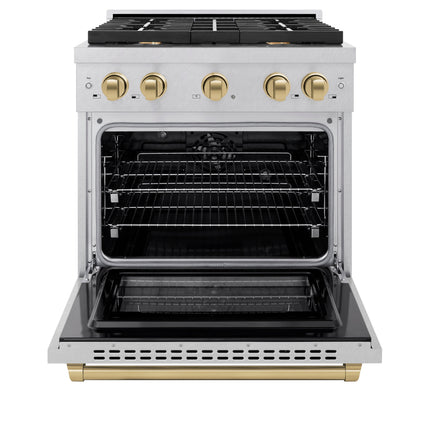 ZLINE Autograph Edition 30 in. 4.2 cu. ft. Paramount Dual Fuel Range with 4 Burner Gas Cooktop and Electric Convection Oven in Satin Stainless Steel with Champagne Bronze Accents (SDRSZ-30-CB)