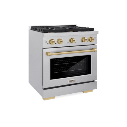 ZLINE Autograph Edition 30 in. 4.2 cu. ft. Paramount Dual Fuel Range with 4 Burner Gas Cooktop and Electric Convection Oven in Satin Stainless Steel with Champagne Bronze Accents (SDRSZ-30-CB)