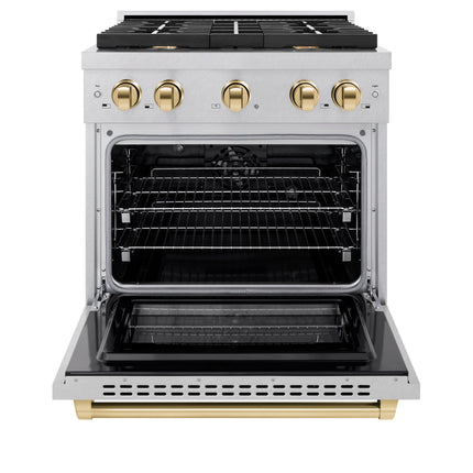 ZLINE Autograph Edition 30 in. 4.2 cu. ft. Paramount Dual Fuel Range with 4 Burner Gas Cooktop and Electric Convection Oven in Satin Stainless Steel with Polished Gold Accents (SDRSZ-30-G)