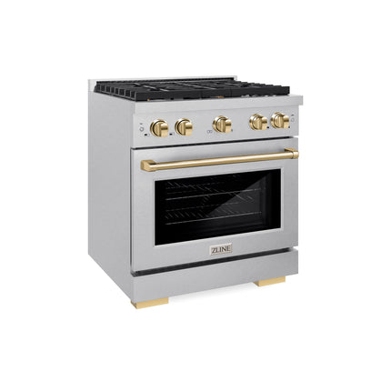 ZLINE Autograph Edition 30 in. 4.2 cu. ft. Paramount Dual Fuel Range with 4 Burner Gas Cooktop and Electric Convection Oven in Satin Stainless Steel with Polished Gold Accents (SDRSZ-30-G)